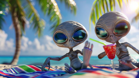 Two cartoon aliens enjoying drinks under palm trees at the beachの素材