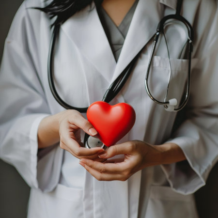 Doctor holding red heart symbol and stethoscope in handsの素材