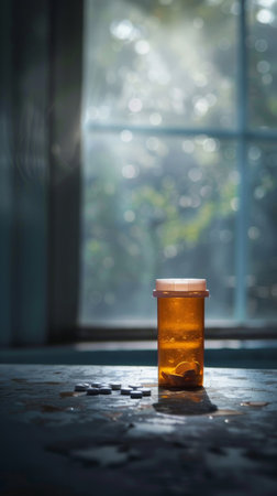 Prescription bottle on a table near a sunlit windowの素材
