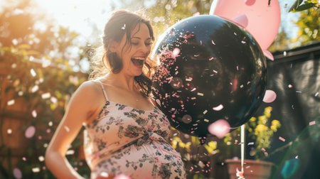 Pregnant woman at a gender reveal party with confetti burstの素材