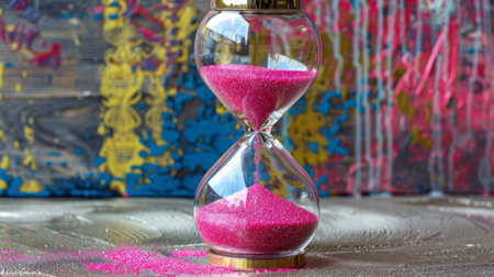 Hourglass with pink sand against colorful backgroundの素材