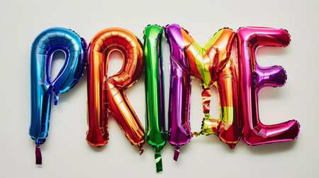 Colorful metallic balloons spelling out "PRIME" against white backgroundの素材