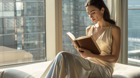 Woman reading a book by a large window in a modern apartmentの素材
