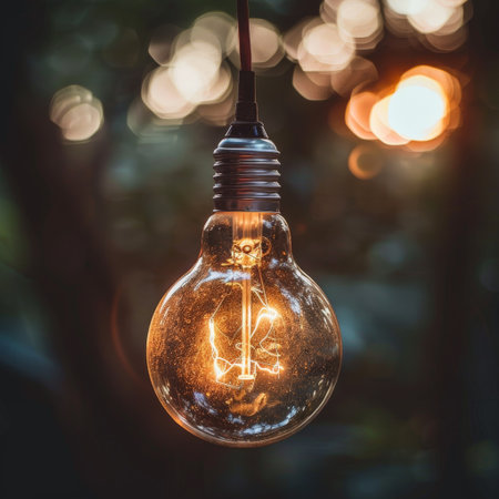 Vintage hanging lightbulb glowing outdoors with bokeh effectの素材