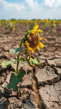 Withered sunflower on cracked, dry soil under cloudy skyの素材