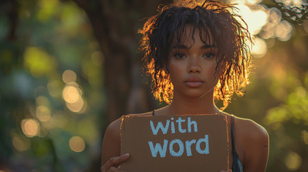 Serious woman holding sign with the word "Word" in natural sunlightの素材