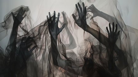 Abstract hands intertwined with translucent fabric in dim lightの素材