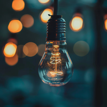 Close-up of illuminated light bulb with warm bokeh in backgroundの素材