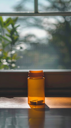 Amber prescription bottle in sunlight on a windowsillの素材
