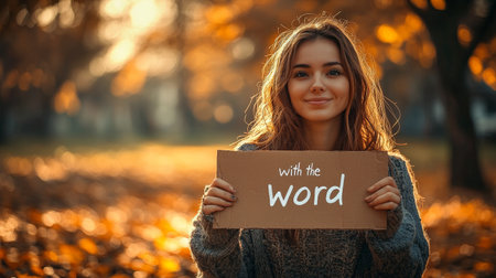 Smiling woman holding a cardboard sign with the word "Word" in autumn parkの素材