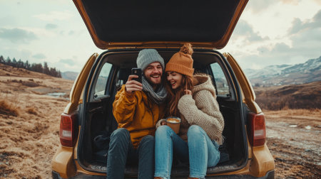 Couple taking selfie while sitting in a car trunk during mountain tripの素材