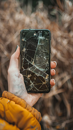 Hand holding smartphone with cracked screen outdoors in autumnの素材