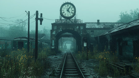 Abandoned train station with overgrown tracks and broken clockの素材