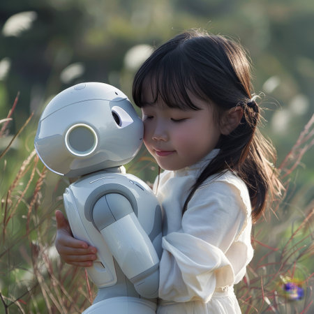Little girl hugging a futuristic robot in an outdoor fieldの素材