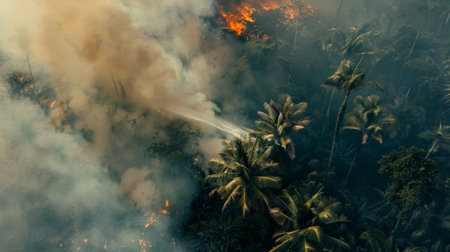 Aerial view of fire fighting efforts in smoky forestの素材