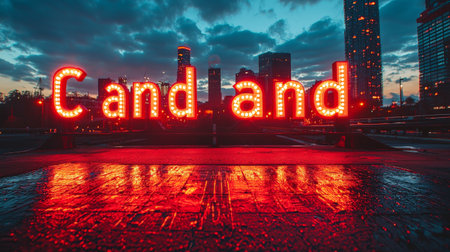 Neon "Cand and" sign illuminating cityscape at duskの素材
