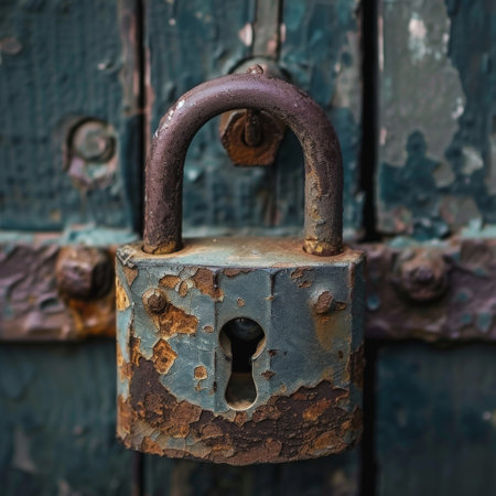 Rusty metal padlock on aged wooden door, close-up viewの素材