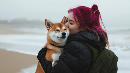 Woman with pink hair kissing Shiba Inu on a misty beachの素材