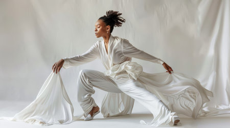 Elegant dancer in flowing white outfit posing gracefullyの素材