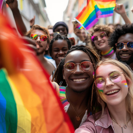 Group of friends celebrating at a pride event with rainbow flagsの素材
