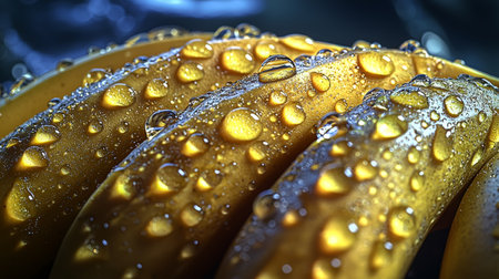 Fresh bananas with water droplets in a close-up macro shotの素材
