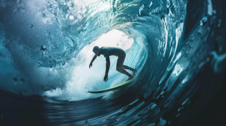 Surfer inside a powerful ocean wave tubeの素材