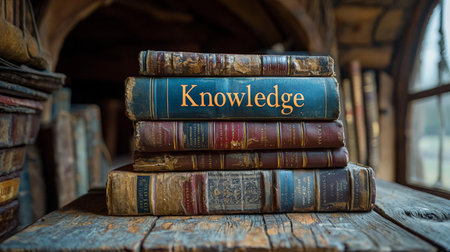 Stack of vintage books on a wooden surface representing knowledgeの素材