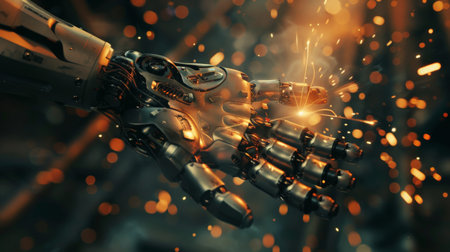 Robotic hand holding sparks in industrial settingの素材