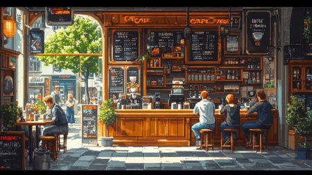 Modern cafe interior with customers seated at a bar on a sunny dayの素材