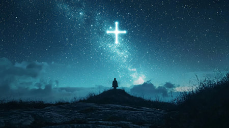 Silhouette under a cross in a starry night skyの素材