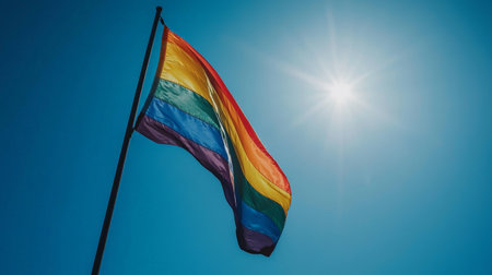 Waving pride flag under the bright sun with radiant skyの素材