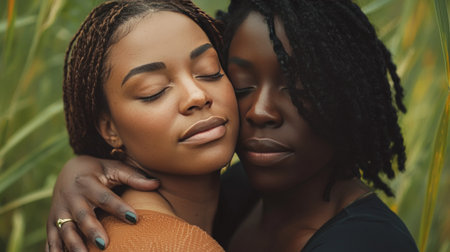 Close embrace between two women in natureの素材