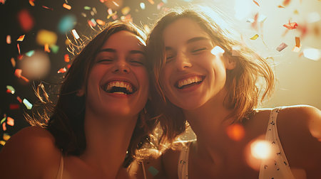 Joyful friends celebrating together under falling confettiの素材