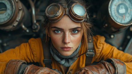 Steampunk-themed portrait of a woman with leather glovesの素材