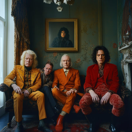 Portrait of four men in vintage-style clothing with classic decorの素材