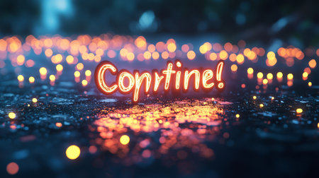 Neon text "Contine!" with glowing bokeh lights in backgroundの素材