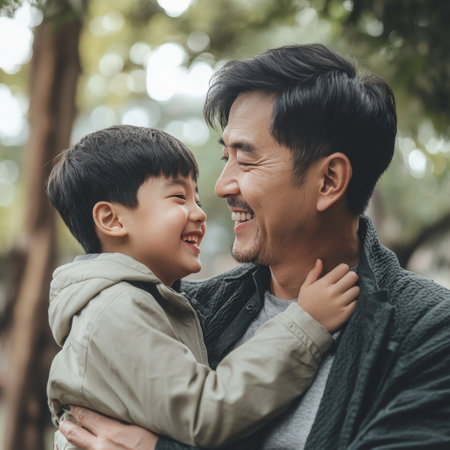 Father and son sharing a heartfelt moment in a parkの素材