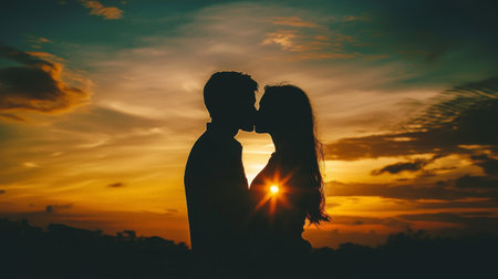 Silhouetted couple kissing at sunset with a dramatic skyの素材