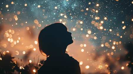 Silhouette of child under night sky with sparkling starsの素材