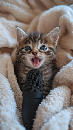Adorable kitten with microphone wrapped in soft blanketの素材