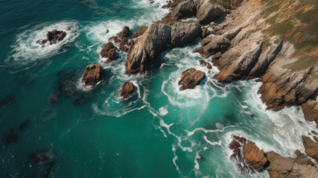 Aerial view of rocky coastline with turquoise ocean wavesの素材