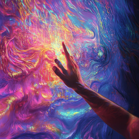 Hand reaching into vibrant, swirling multicolored auraの素材