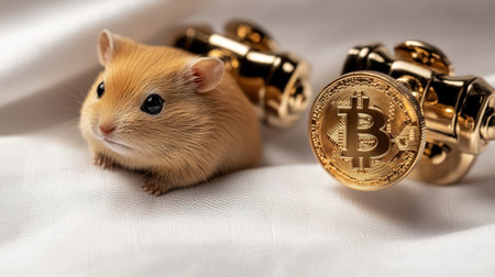Cute hamster with Bitcoin coins on a luxurious fabric backgroundの素材
