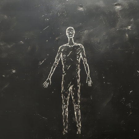 Monochromatic human figure on dark textured backgroundの素材