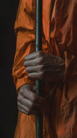 Male hand in orange jumpsuit grasping metal rod in dim lightの素材