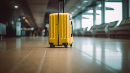 Yellow suitcase standing alone in airport terminalの素材