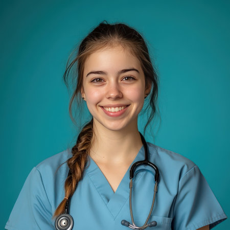 Young female healthcare worker with braided hair in blue scrubsの素材