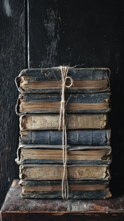 Vintage stacked books tied with twine on rustic surfaceの素材