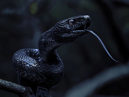 Close-up of black snake in moody forest settingの素材