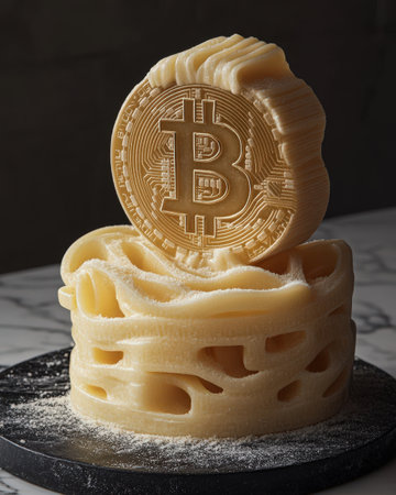 Unique Bitcoin-inspired sculpture made of carved cheeseの素材